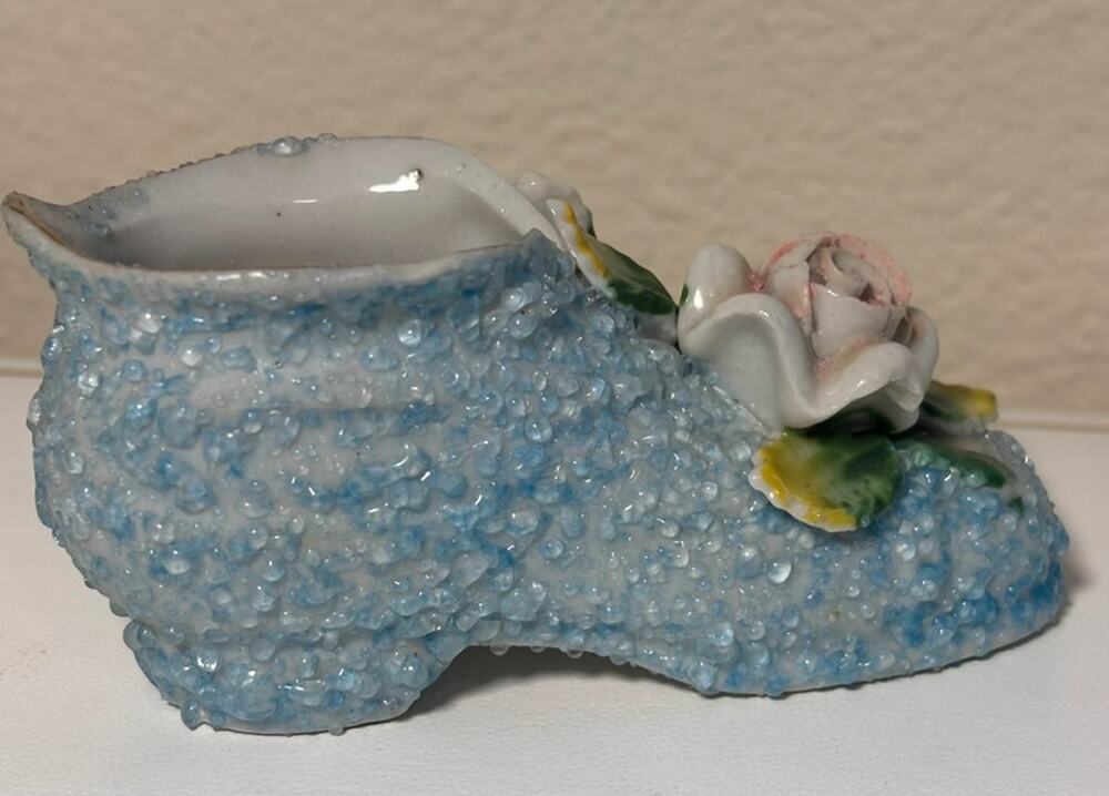 Vintage Porcelain Beaded Shoe Figurine Blue Moss Applied Rose Occupied JapaN - Picture 1 of 7